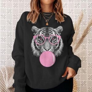SHEIN Black Sweatshirt with Pink Tiger Graphic
